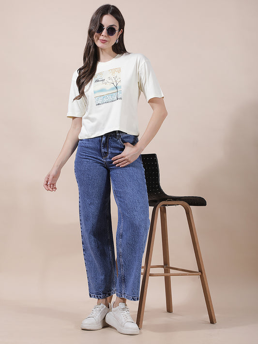 T-Shirt for Women l Breathable & Soft with Color Fastness Regular Fit Round Neck Cotton Blend Fabric Printed Pattern