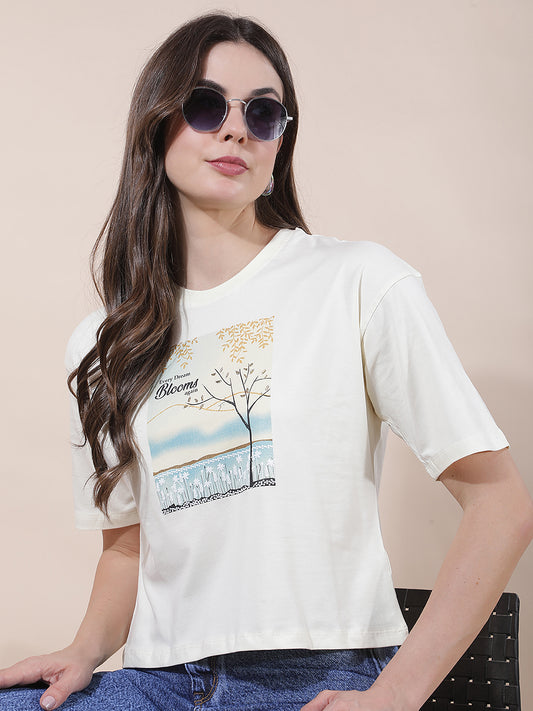 T-Shirt for Women l Breathable & Soft with Color Fastness Regular Fit Round Neck Cotton Blend Fabric Printed Pattern