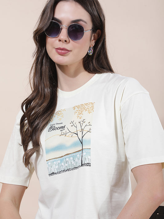 T-Shirt for Women l Breathable & Soft with Color Fastness Regular Fit Round Neck Cotton Blend Fabric Printed Pattern