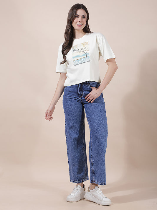 T-Shirt for Women l Breathable & Soft with Color Fastness Regular Fit Round Neck Cotton Blend Fabric Printed Pattern