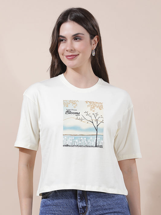 T-Shirt for Women l Breathable & Soft with Color Fastness Regular Fit Round Neck Cotton Blend Fabric Printed Pattern