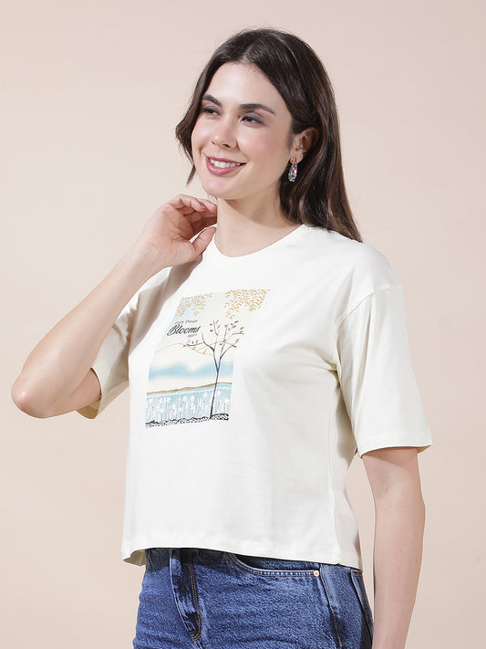 T-Shirt for Women l Breathable & Soft with Color Fastness Regular Fit Round Neck Cotton Blend Fabric Printed Pattern