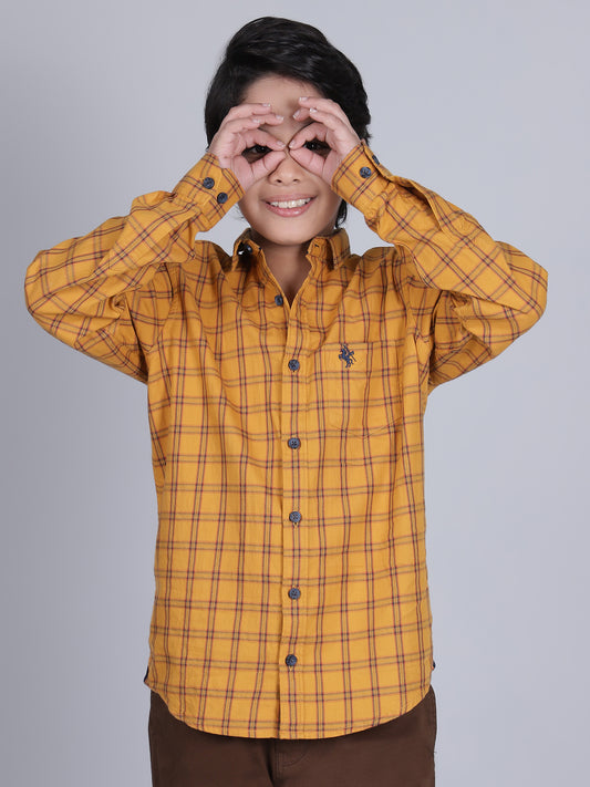 Boys Checkered Mustard Full Sleeves Spread Collar Casual Shirt