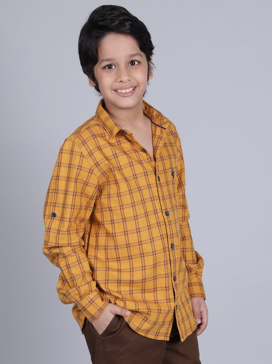 Boys Checkered Mustard Full Sleeves Spread Collar Casual Shirt