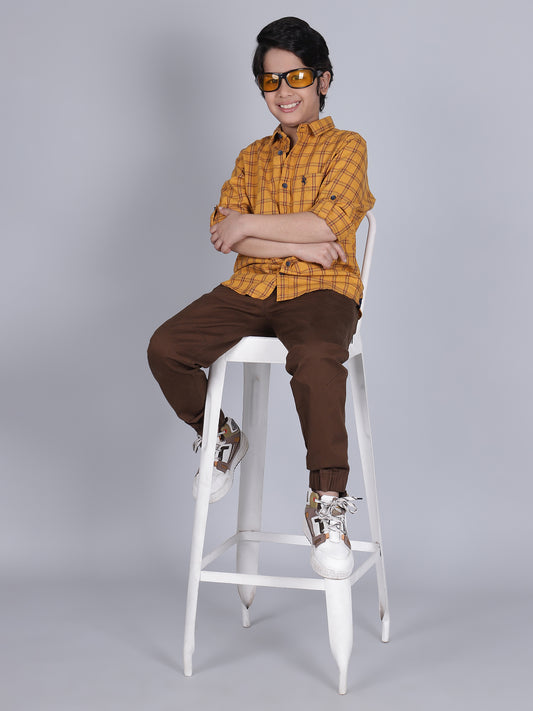 Boys Checkered Mustard Full Sleeves Spread Collar Casual Shirt