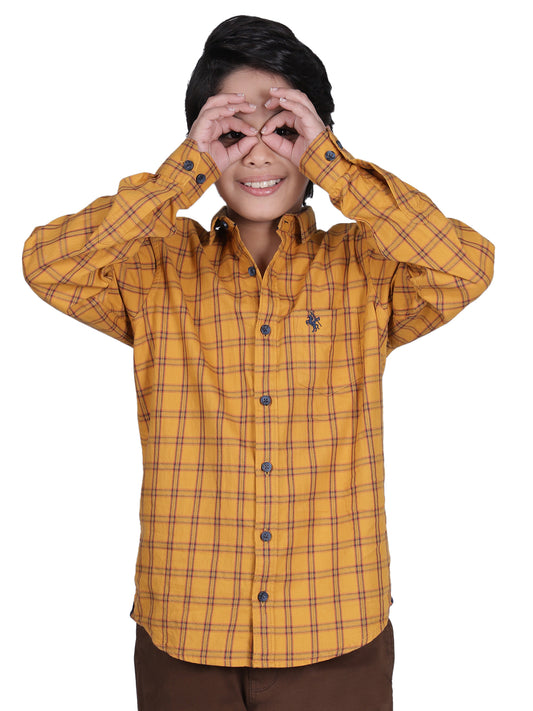 Boys Checkered Mustard Full Sleeves Spread Collar Casual Shirt