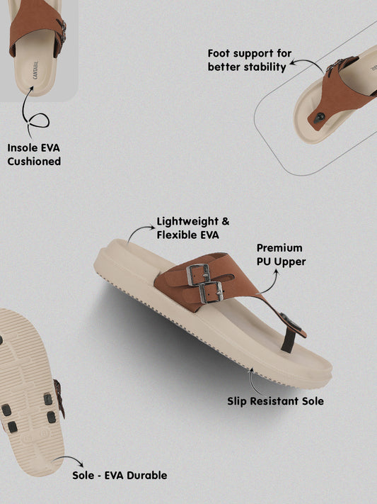 Men's Tan Solid Casual Sliders