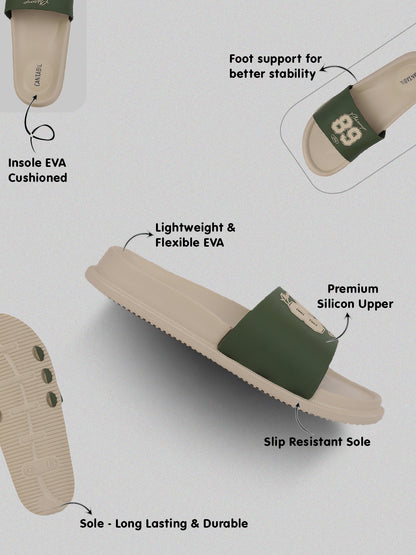 Men's Beige & Green Solid Sliders