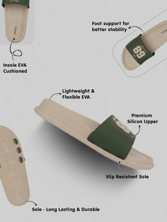 Men's Beige & Green Solid Sliders