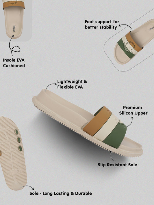 Men's Beige Solid Sliders