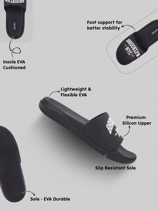 Men's Black Solid Casual Sliders