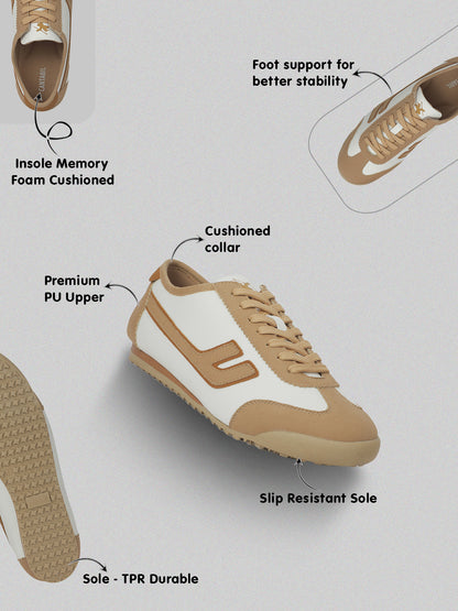 Men's White & Beige Colorblock Casual Sneakers
