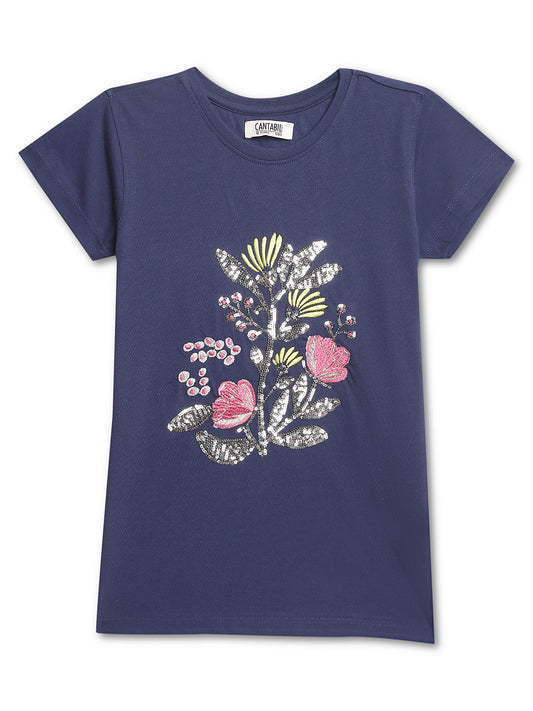 Cantabil Girls Round Neck Navy Blue T-Shirt (7135792693387)