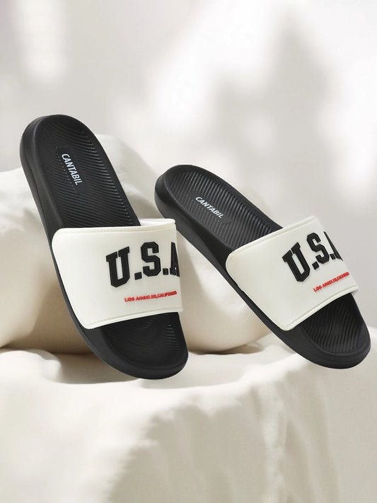 Men's Black & White Solid Casual Sliders