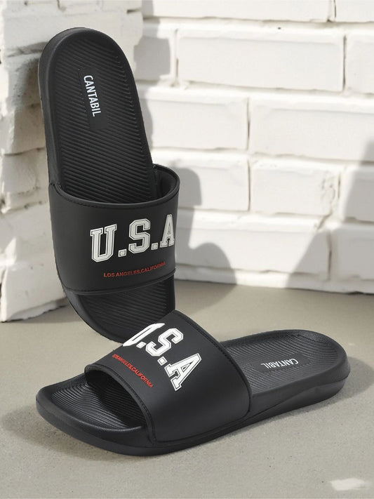 Men's Black Solid Casual Sliders