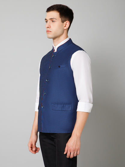 Men Blue Self Design Casual Band Collar Sleeveless Waist Coat