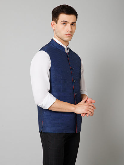 Men Blue Self Design Casual Band Collar Sleeveless Waist Coat