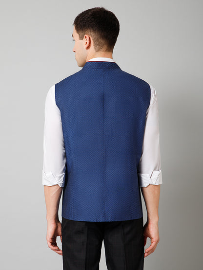 Men Blue Self Design Casual Band Collar Sleeveless Waist Coat