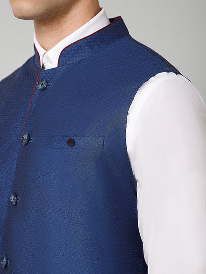 Men Blue Self Design Casual Band Collar Sleeveless Waist Coat