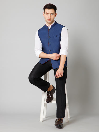 Men Blue Self Design Casual Band Collar Sleeveless Waist Coat