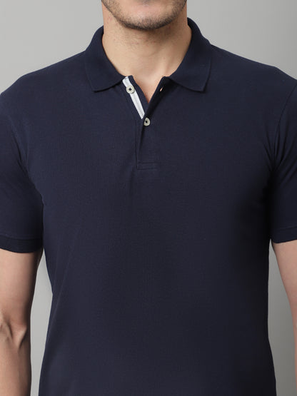 Cantabil Men Navy Blue Casual Half Sleeves Polo Neck T-Shirt (7146695786635)