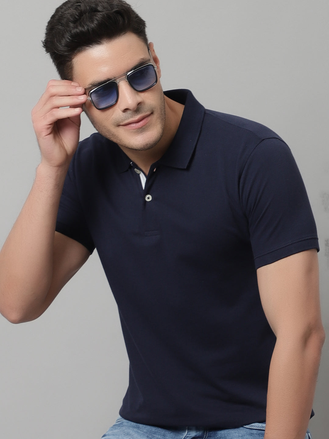 Cantabil Men Navy Blue Casual Half Sleeves Polo Neck T-Shirt (7146695786635)