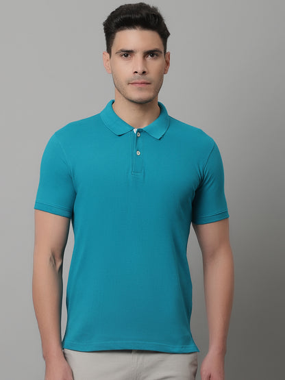 Cantabil Men Turquoise Casual Half Sleeves Polo Neck T-Shirt (7146696441995)