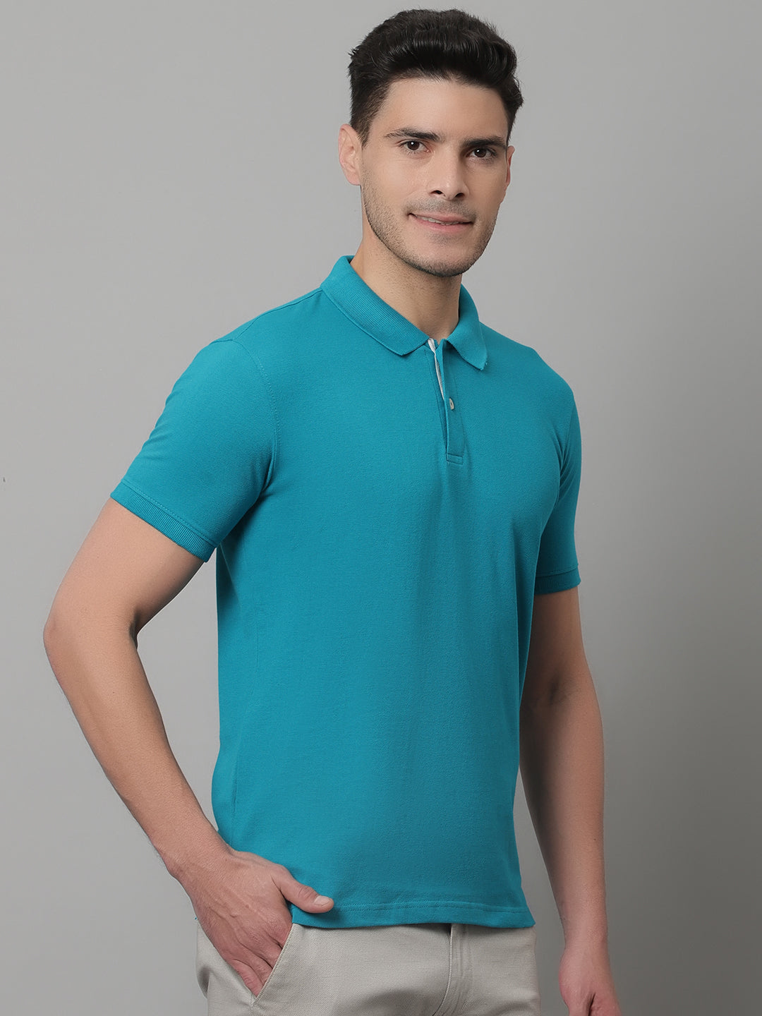 Cantabil Men Turquoise Casual Half Sleeves Polo Neck T-Shirt (7146696441995)