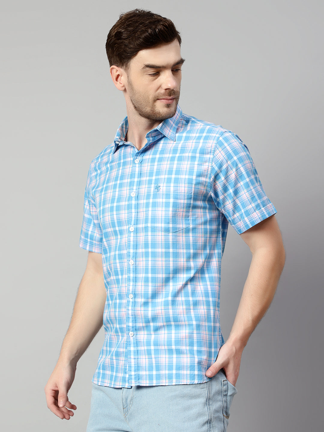 Cantabil Cotton Checkered Blue Half Sleeve Regular Fit Casual Shirt for Men with Pocket (7114311139467)