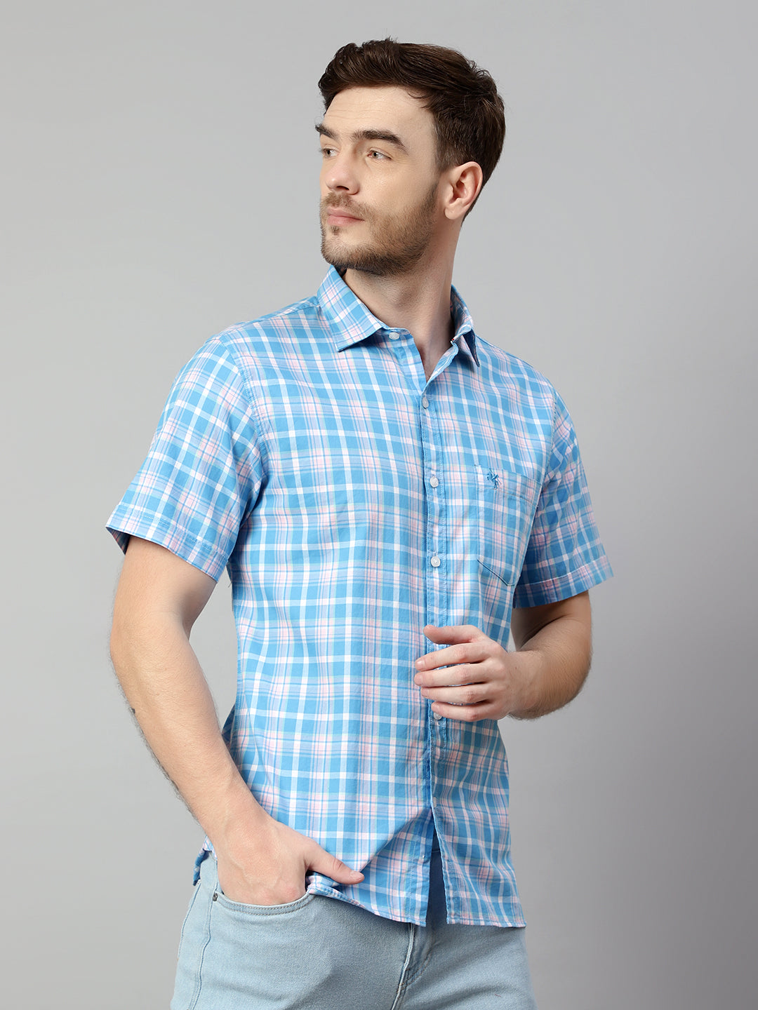 Cantabil Cotton Checkered Blue Half Sleeve Regular Fit Casual Shirt for Men with Pocket (7114311139467)