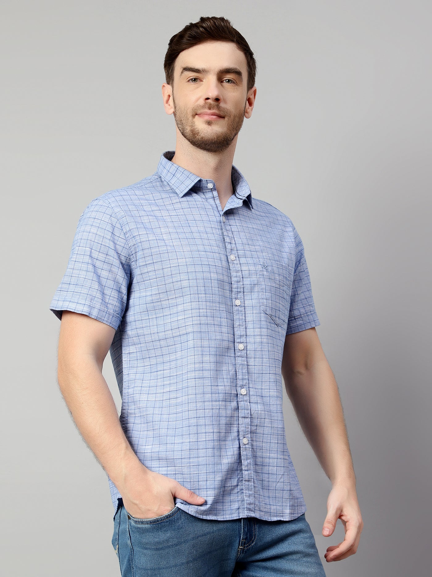 Cantabil Cotton Checkered Blue Half Sleeve Regular Fit Casual Shirt for Men with Pocket (7114312089739)