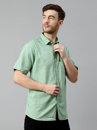 Cantabil Cotton Checkered Green Half Sleeve Regular Fit Casual Shirt for Men with Pocket (7114312450187)