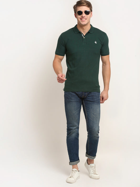 Men's Bottle Green Regular Fit Solid Half Sleeve Casual T-Shirt