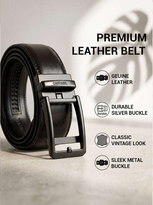 Men's Textured Black Formal Leather Belt | Auto Lock mechanism | Adjustable Cut-to-Fit Size up to 42 Inches