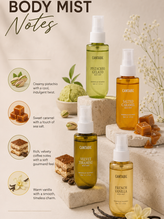 Desserts of the World Body Spray Gift Set | Pack of 4x50ml | Pistachio, Caramel, Coffee &Vanilla