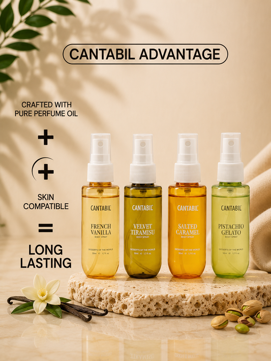Desserts of the World Body Spray Gift Set | Pack of 4x50ml | Pistachio, Caramel, Coffee &Vanilla