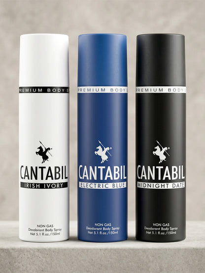 Cantabil Unisex Irish Ivory, Electric Blue, Midnight Date Deodorant Spray Pack of 3 | 450ml