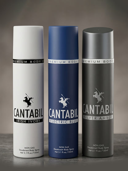 Cantabil Unisex Irish Ivory ,Electric Blue , Silver Amber Deodorant Spray Pack of 3 | 450ml