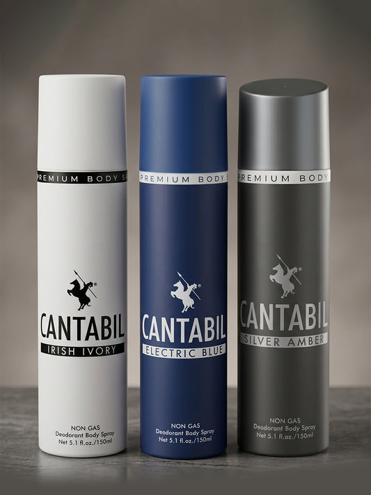 Cantabil Unisex Irish Ivory ,Electric Blue , Silver Amber Deodorant Spray Pack of 3 | 450ml