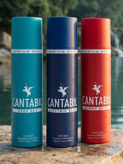 Cantabil Unisex Deep Sea ,Electric Blue ,Burnt Brick Deodorant Spray Pack of 3 | 450ml