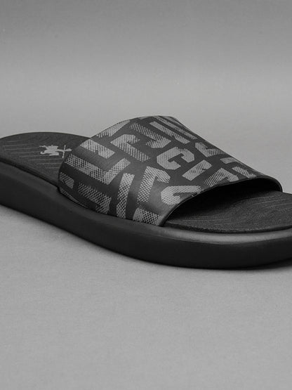 Men's Black Printed Sliders