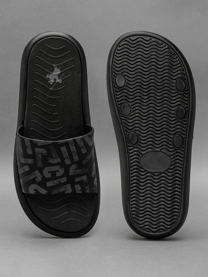 Men's Black Printed Sliders