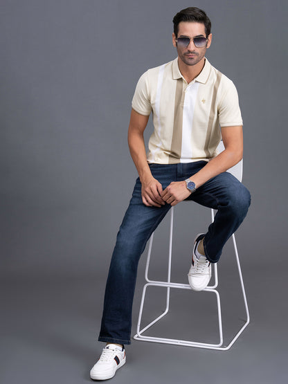 Men's Beige Regular Fit Striped Half Sleeve Casual T-Shirt