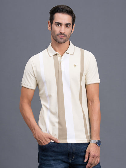 Men's Beige Regular Fit Striped Half Sleeve Casual T-Shirt