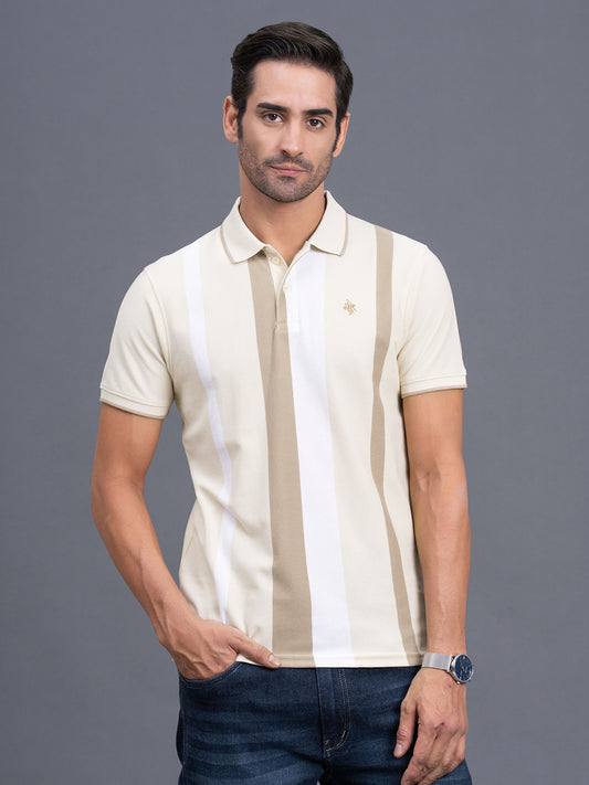 Men's Beige Regular Fit Striped Half Sleeve Casual T-Shirt