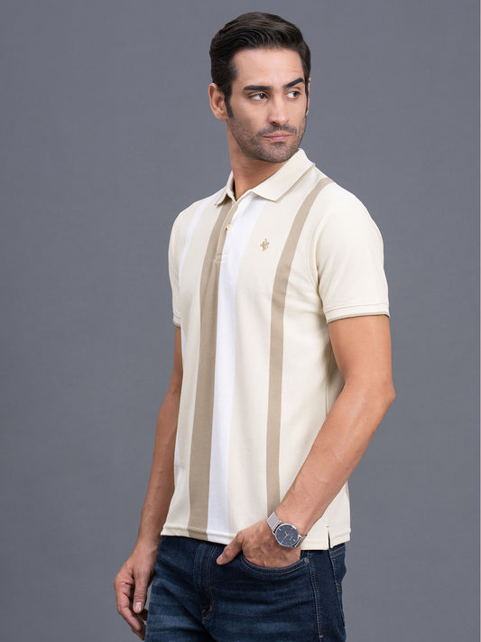 Men's Beige Regular Fit Striped Half Sleeve Casual T-Shirt