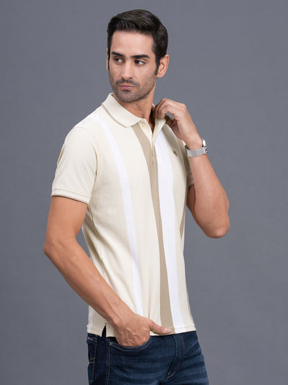 Men's Beige Regular Fit Striped Half Sleeve Casual T-Shirt