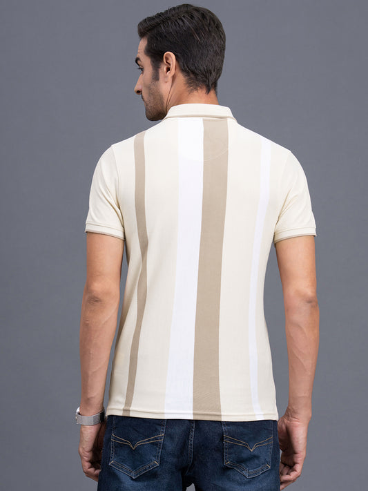 Men's Beige Regular Fit Striped Half Sleeve Casual T-Shirt