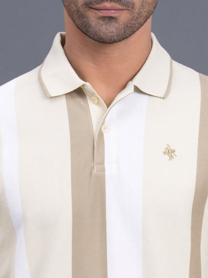 Men's Beige Regular Fit Striped Half Sleeve Casual T-Shirt