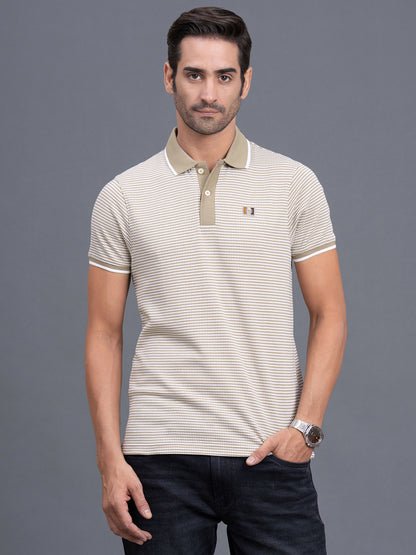 Men's Light Brown Regular Fit Self Design Half Sleeve Casual T-Shirt